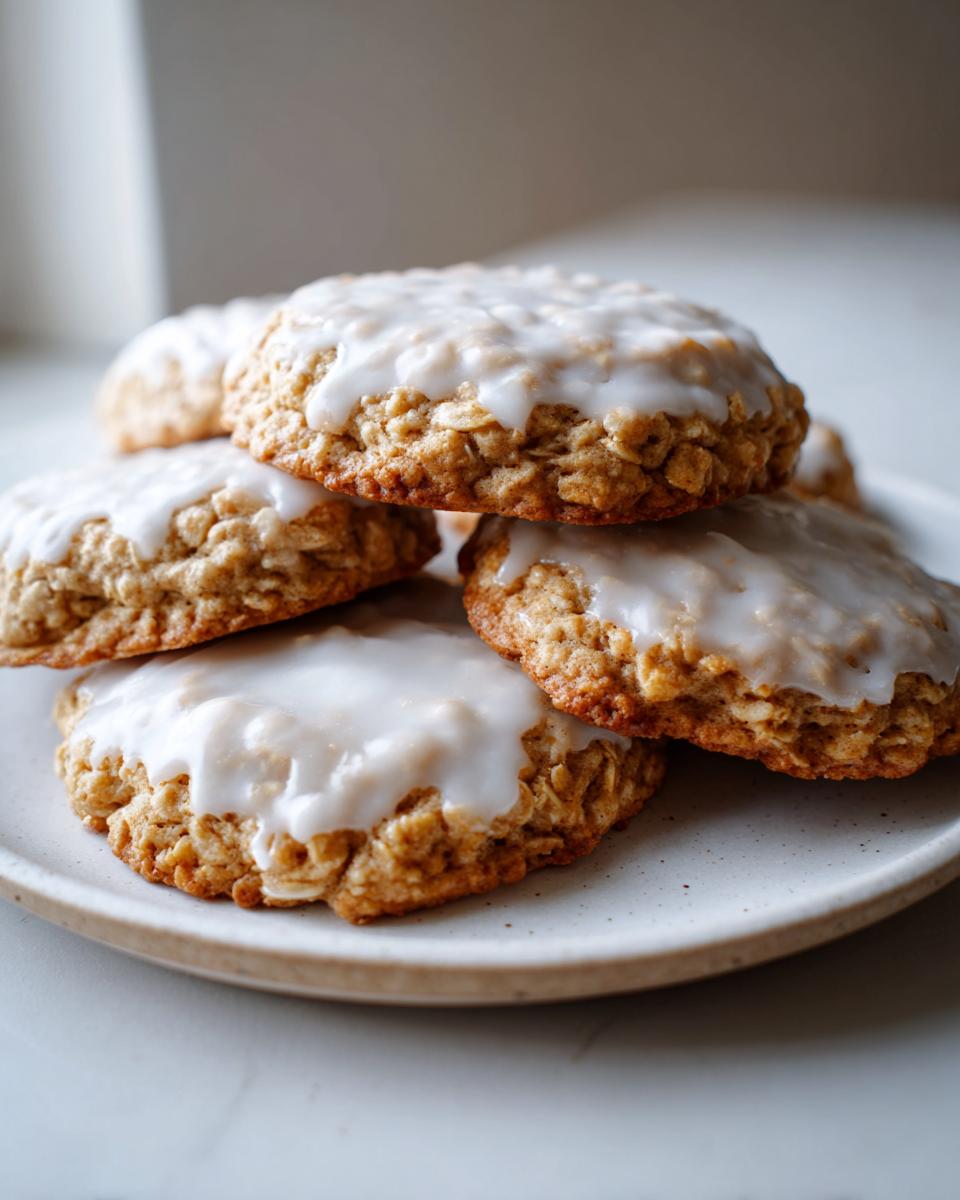 A stack of freshly baked iced oatmeal cookies with thick white glaze piled on a speckled ceramic plate.