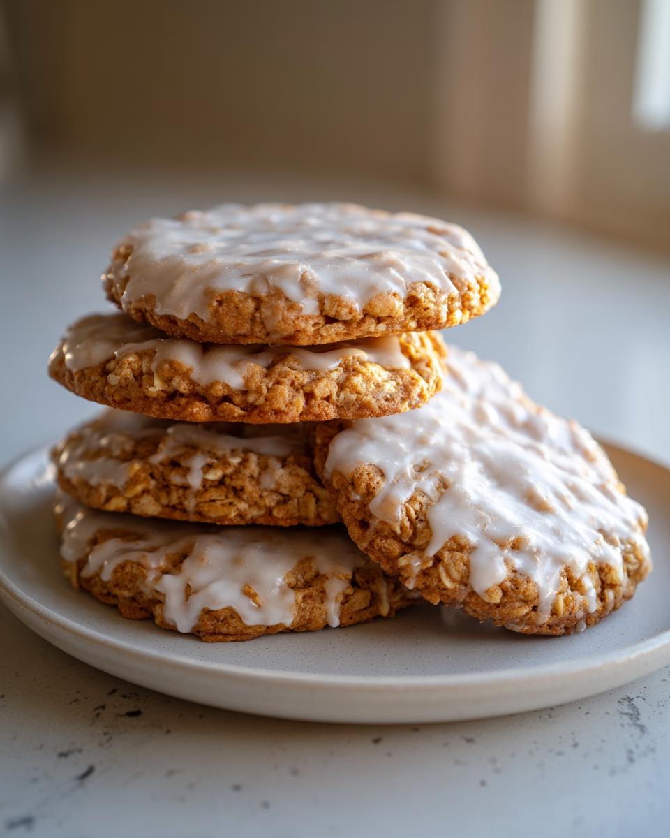 A stack of four delicious iced oatmeal cookies topped with a sweet white glaze, resting on a light gray plate.