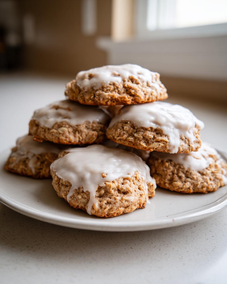 A stack of freshly baked iced oatmeal cookies with thick white glaze dripping down the sides, resting on a light gray plate.