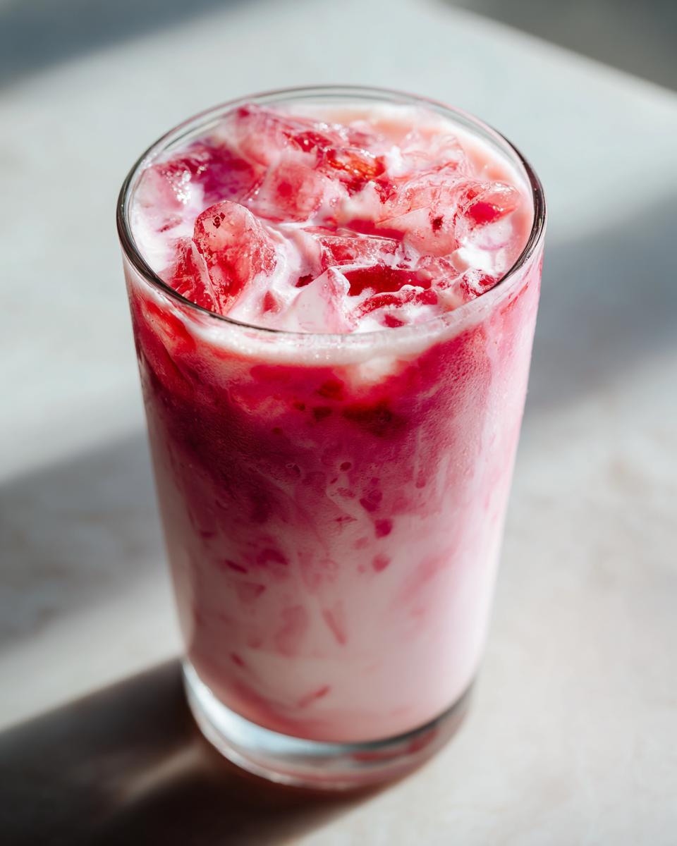 Close-up of a tall glass filled with vibrant, layered strawberry milk and crushed ice.