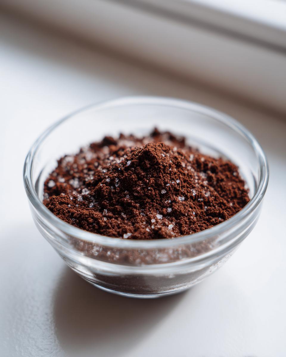 Close-up of dry ingredients, likely cocoa powder and sugar crystals, for making hot cocoa mix in a small clear bowl.