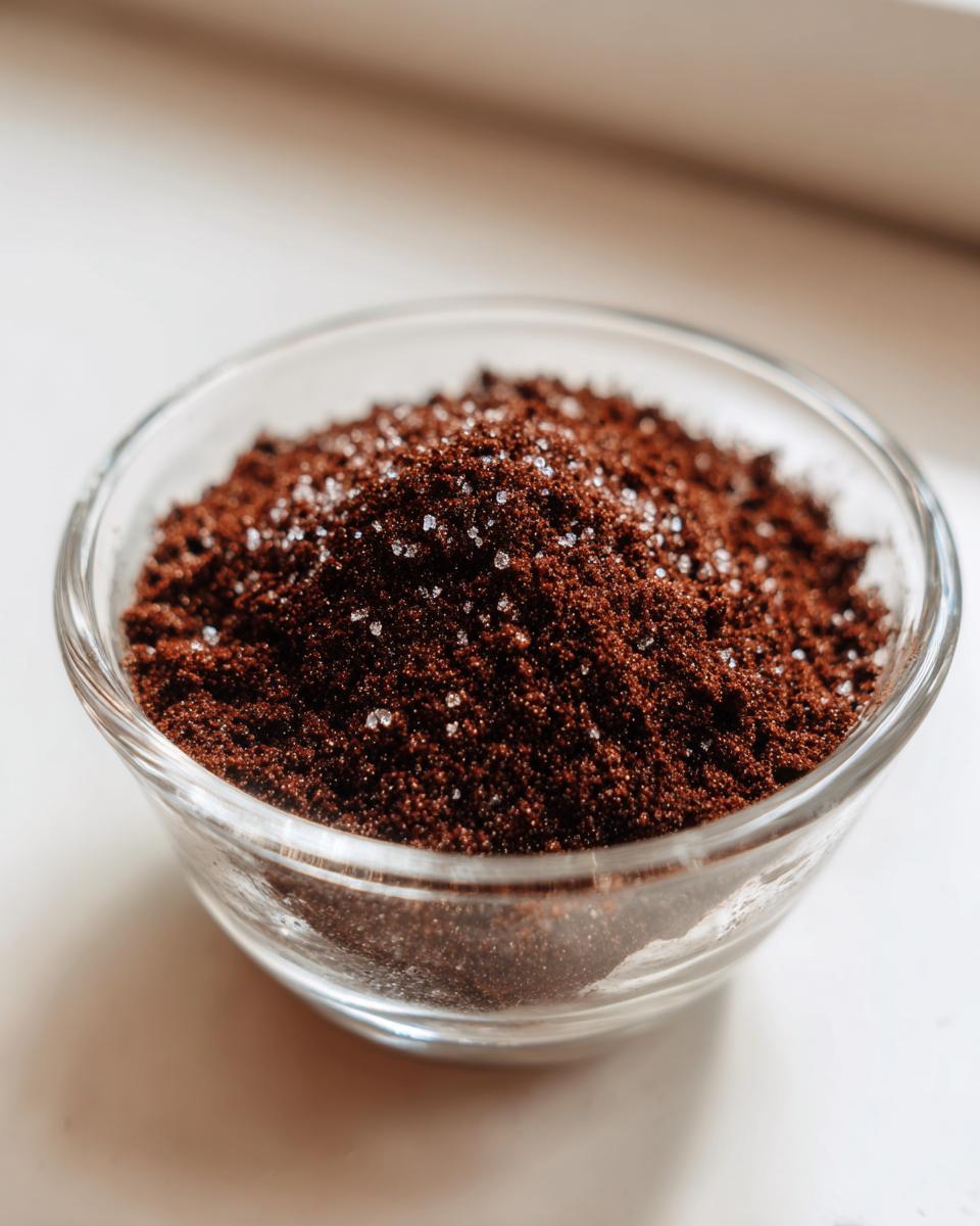 Close-up of dark brown powder, likely cocoa, sprinkled with coarse sugar crystals, ready for hot cocoa mix.