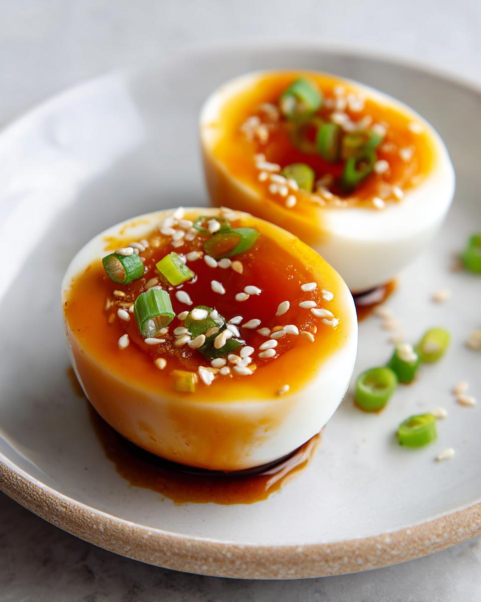 Two halves of marinated eggs showing jammy yolks, topped with sesame seeds and green onions.