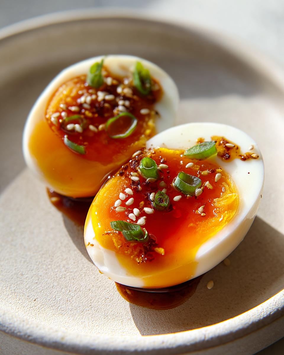 Two halves of perfectly cooked marinated eggs showing jammy, bright orange yolks, topped with sesame seeds and green onions.