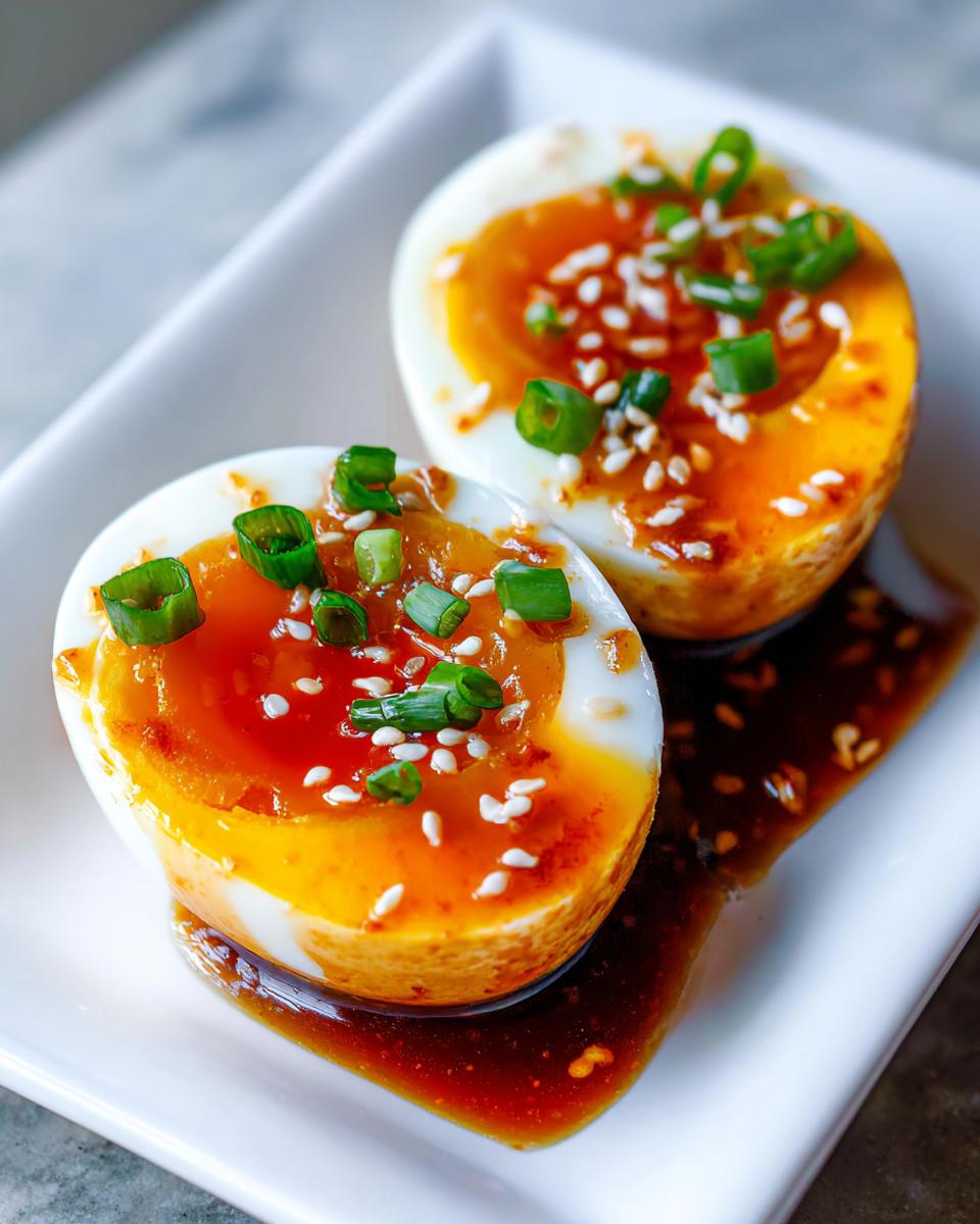 Two halves of marinated eggs showing jammy, bright orange yolks, drizzled with sauce and topped with sesame seeds and scallions.