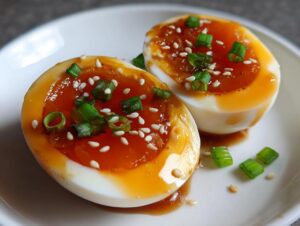 Two halves of marinated eggs showing perfectly jammy, orange yolks, topped with sesame seeds and chopped green onions.