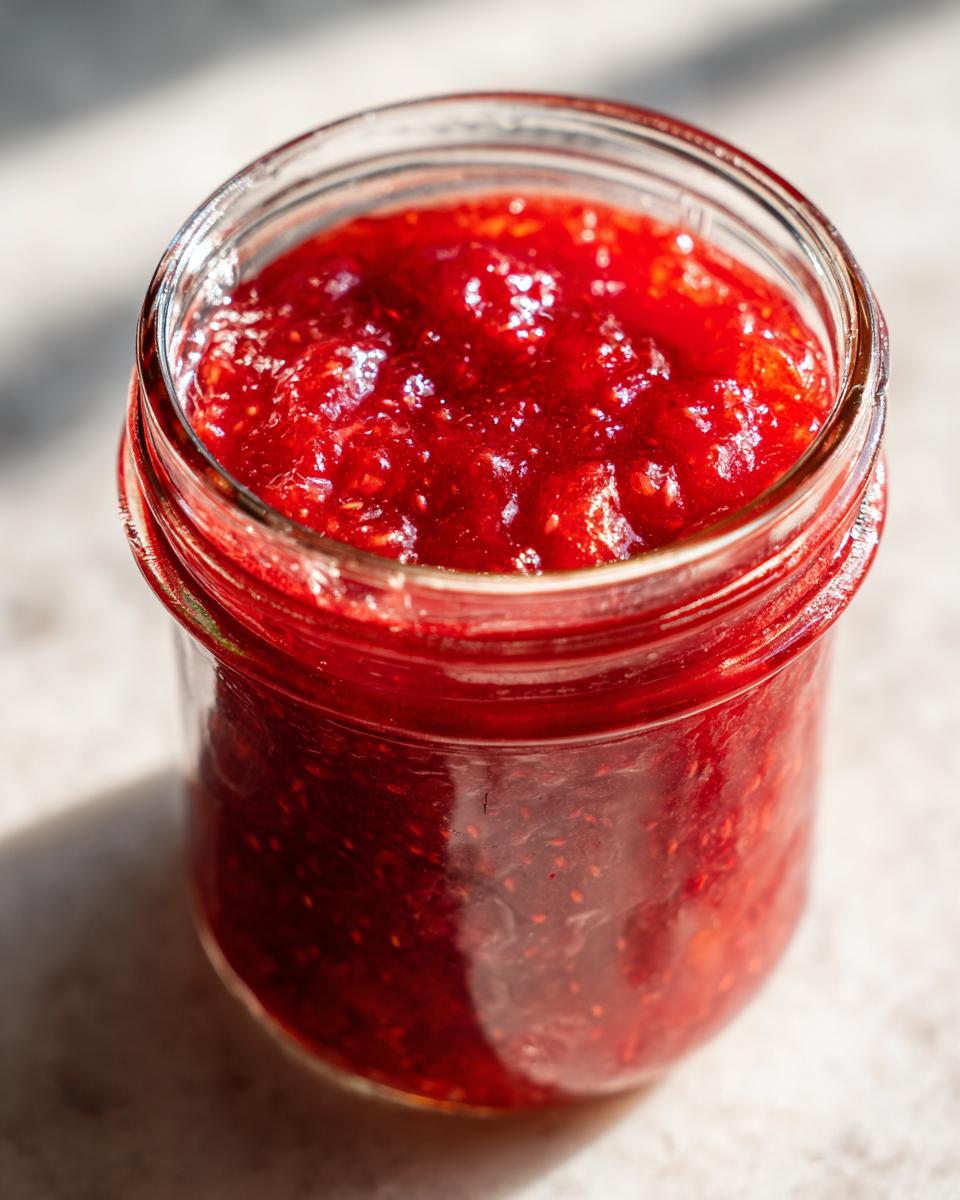 Close-up of a glass jar filled with vibrant, chunky red freezer jam, likely strawberry or raspberry.