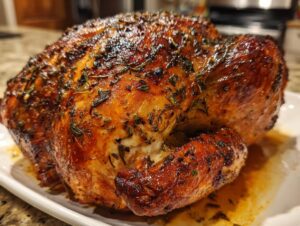 A whole roasted turkey with deeply browned, crispy skin seasoned with herbs, resting on a white platter.
