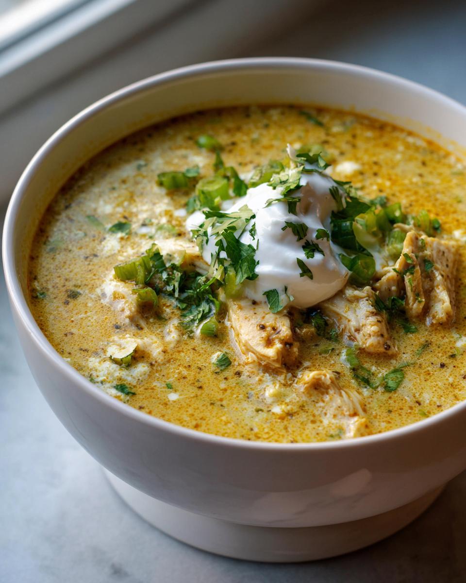 A close-up of a creamy bowl of keto white chicken chili topped with sour cream and fresh cilantro.