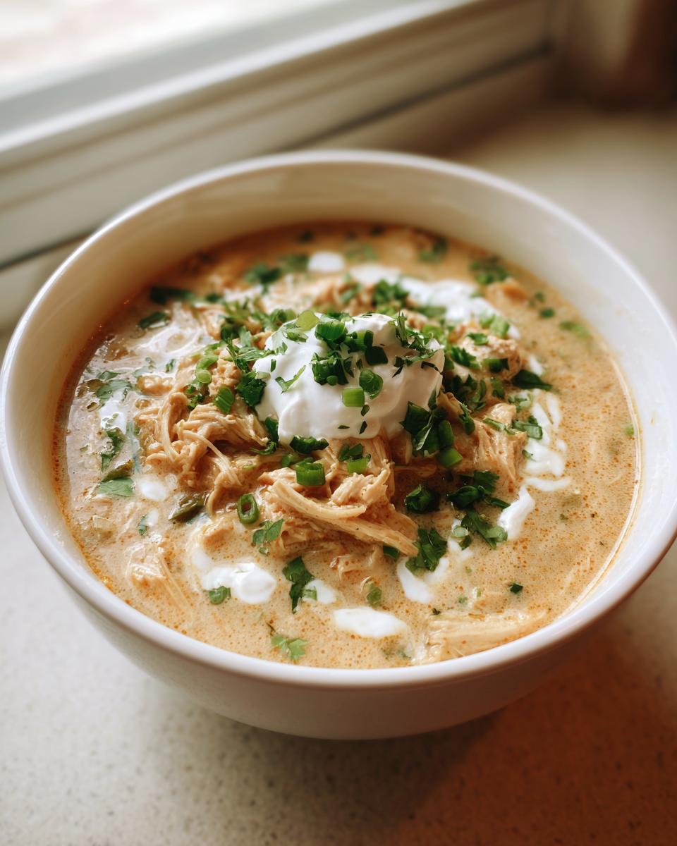 A close-up of a bowl of creamy keto white chicken chili topped with sour cream and fresh green herbs.