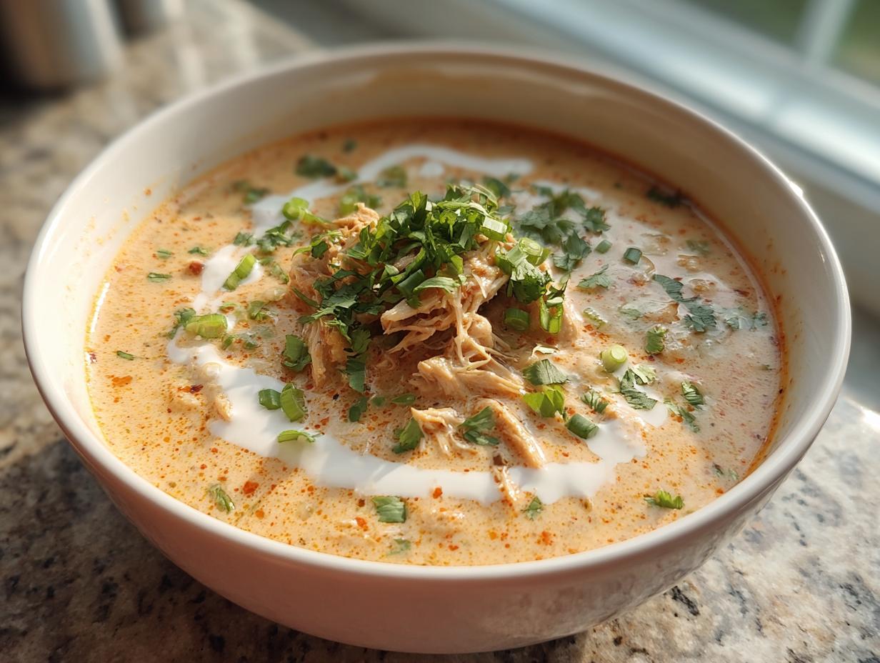 A close-up of creamy keto white chicken chili topped with shredded chicken, sour cream swirl, and fresh green onions.