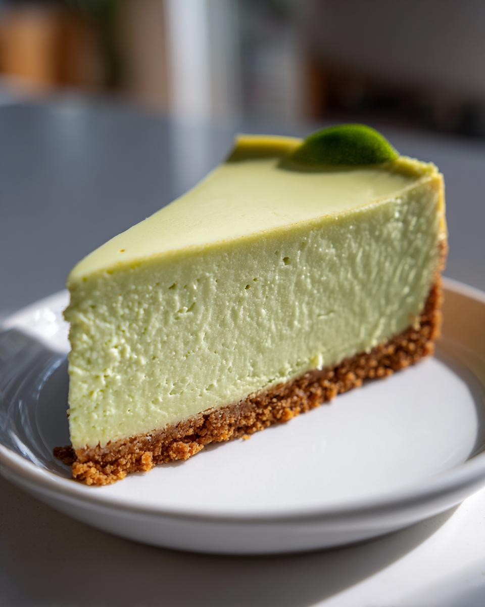 A perfect slice of creamy, pale green key lime cheesecake with a thick graham cracker crust, garnished with a lime leaf.