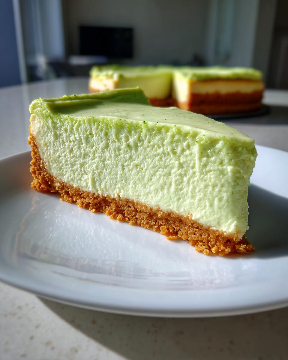 Close-up of a thick slice of vibrant green key lime cheesecake with a graham cracker crust on a white plate.