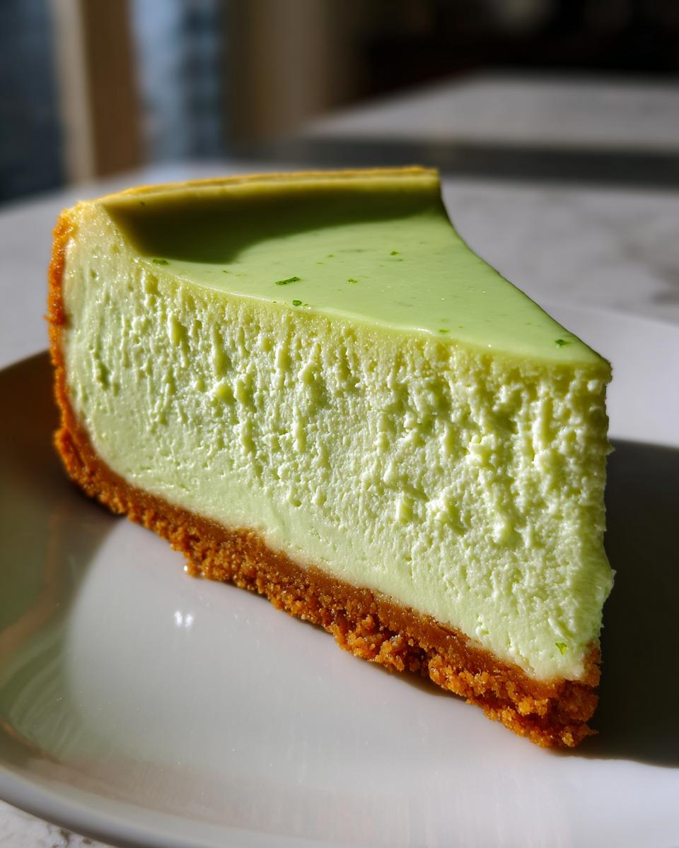 A close-up slice of creamy, light green key lime cheesecake with a thick graham cracker crust, resting on a white plate.