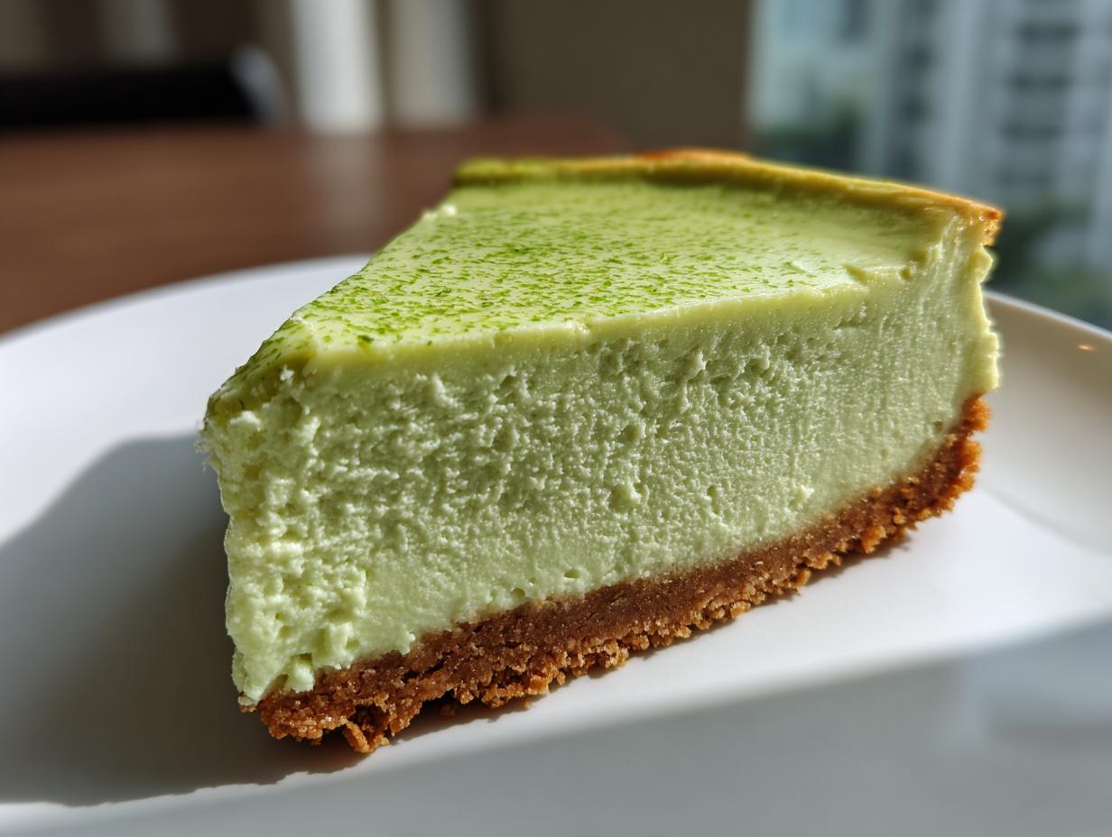 A close-up of a creamy, light green slice of key lime cheesecake on a white plate, dusted with lime zest.