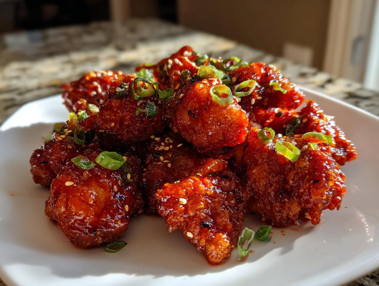 A close-up of glossy, saucy Korean fried chicken pieces garnished with sesame seeds and sliced green onions.