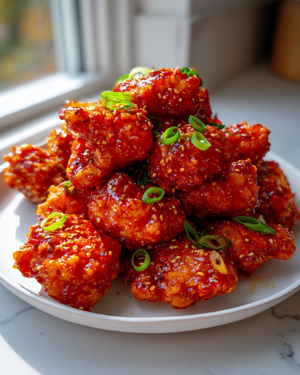 A close-up of a mound of glossy, red-glazed Korean fried chicken pieces garnished with sesame seeds and sliced green onions.