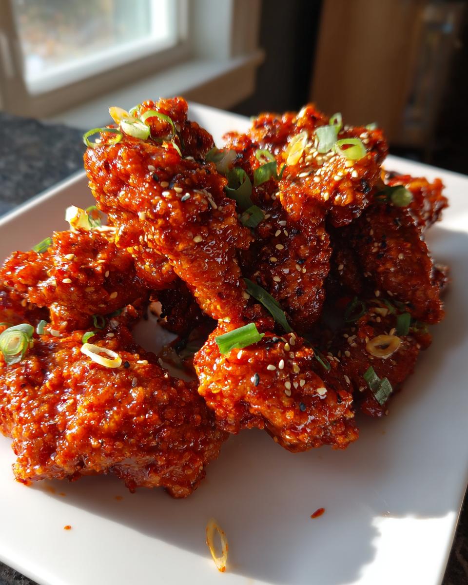 A pile of crispy Korean fried chicken pieces coated in a glossy, spicy red sauce and topped with sesame seeds and green onions.