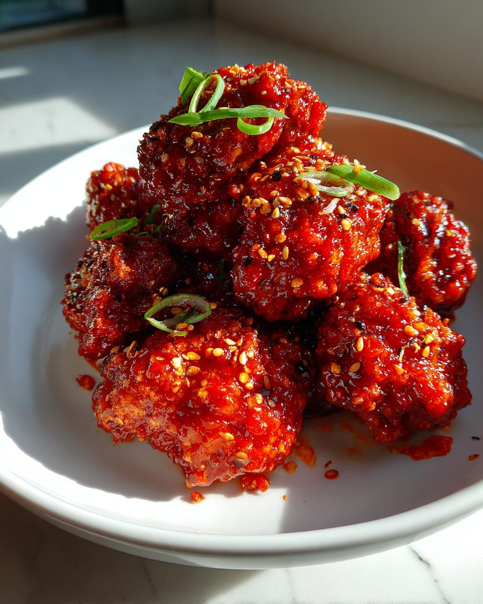 Close-up of glossy, bright red Korean fried chicken pieces coated in sauce and sprinkled with sesame seeds and green onions.