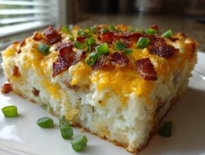 A thick slice of loaded baked mashed potatoes topped with melted cheddar cheese, bacon bits, and green onions.