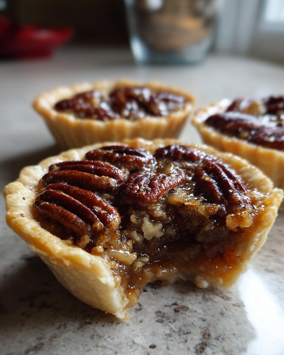 Close-up of a mini pecan pie with a bite taken out, showing the gooey filling and pecan topping.