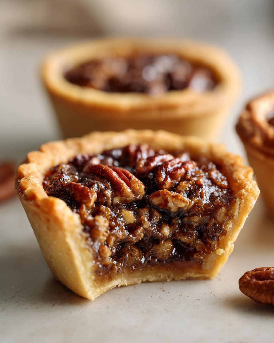Close-up of a mini pecan pies with a bite taken out, showing the gooey filling and pecan topping.