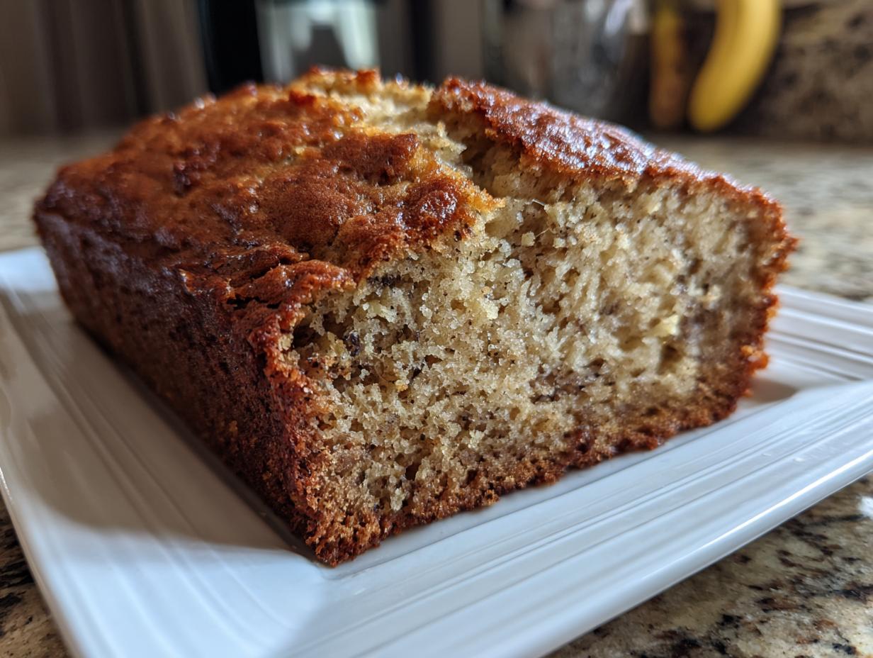Close-up of a freshly baked loaf of banana bread recipe, showing a moist, golden-brown crumb.
