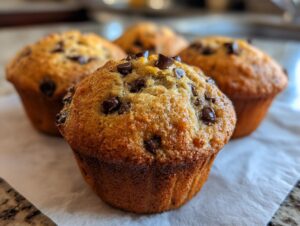 Close-up of a perfectly baked, moist banana chocolate chip muffin topped with melted chocolate chips.