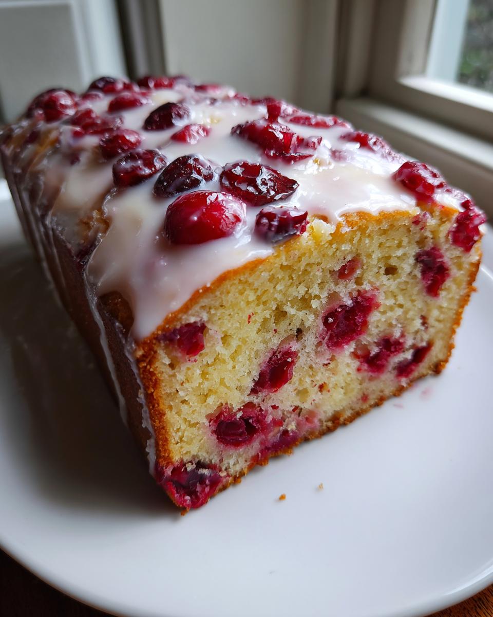 A moist slice of cranberry orange bread loaf topped with a white glaze and whole cranberries.