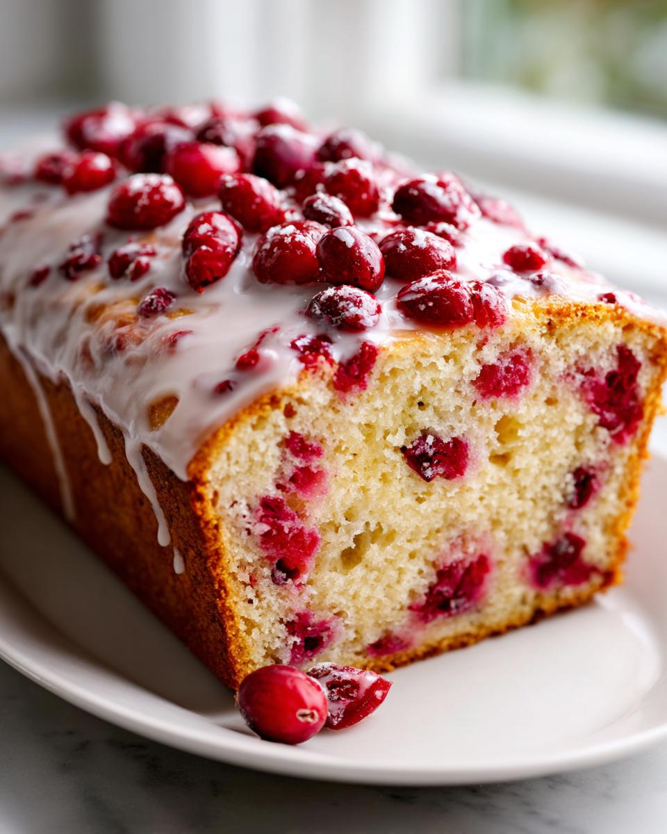 A loaf of moist cranberry orange bread topped with white glaze and fresh cranberries.
