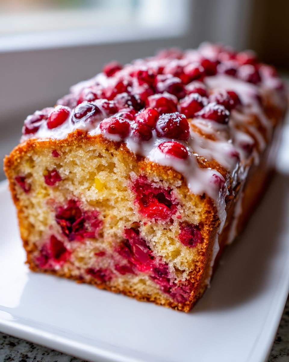 A close-up of a moist cranberry orange bread loaf, sliced to show bright red cranberries inside and topped with white glaze and fresh cranberries.