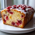 A close-up of a slice of moist cranberry orange bread topped with white glaze and whole cranberries.
