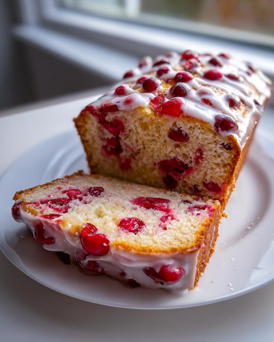A loaf of moist cranberry orange bread, partially sliced, topped with white glaze and fresh cranberries.