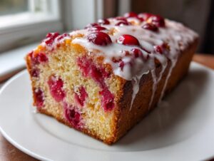 A close-up of a moist slice of cranberry orange bread topped with white glaze and whole cranberries.