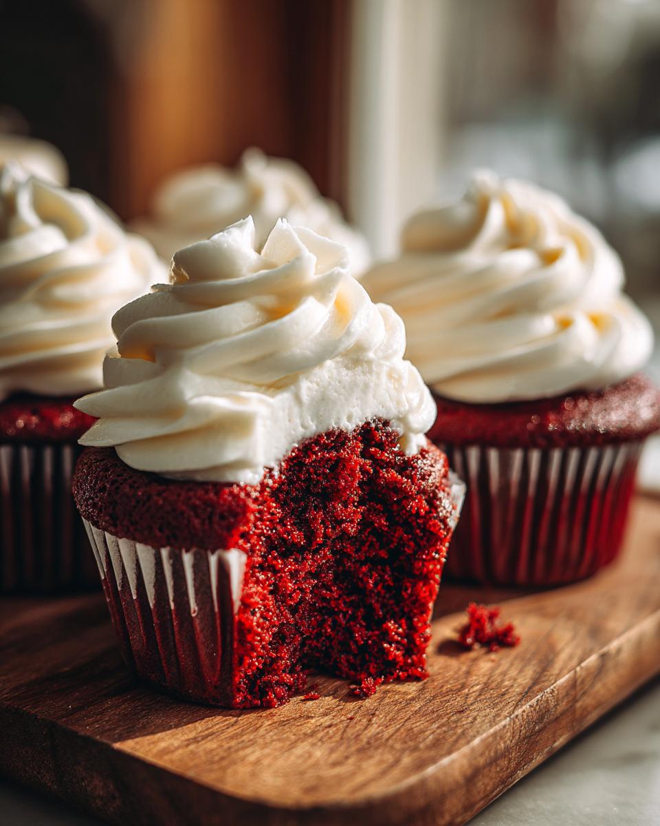 Close-up of a red velvet cupcakes with a bite taken out, showing the moist red cake and thick cream cheese frosting.