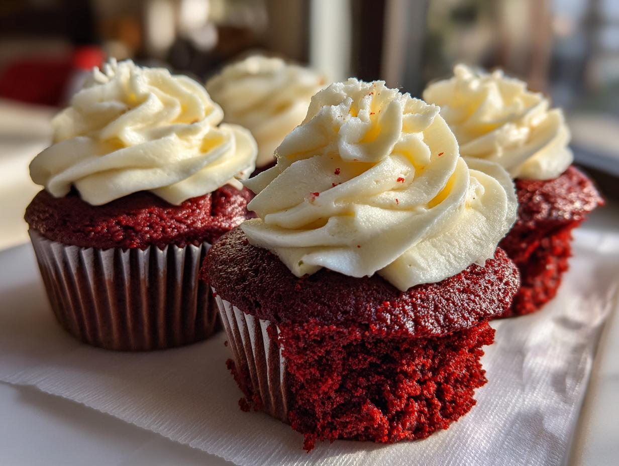 Close-up of moist red velvet cupcakes topped with swirls of cream cheese frosting, one is slightly cut.
