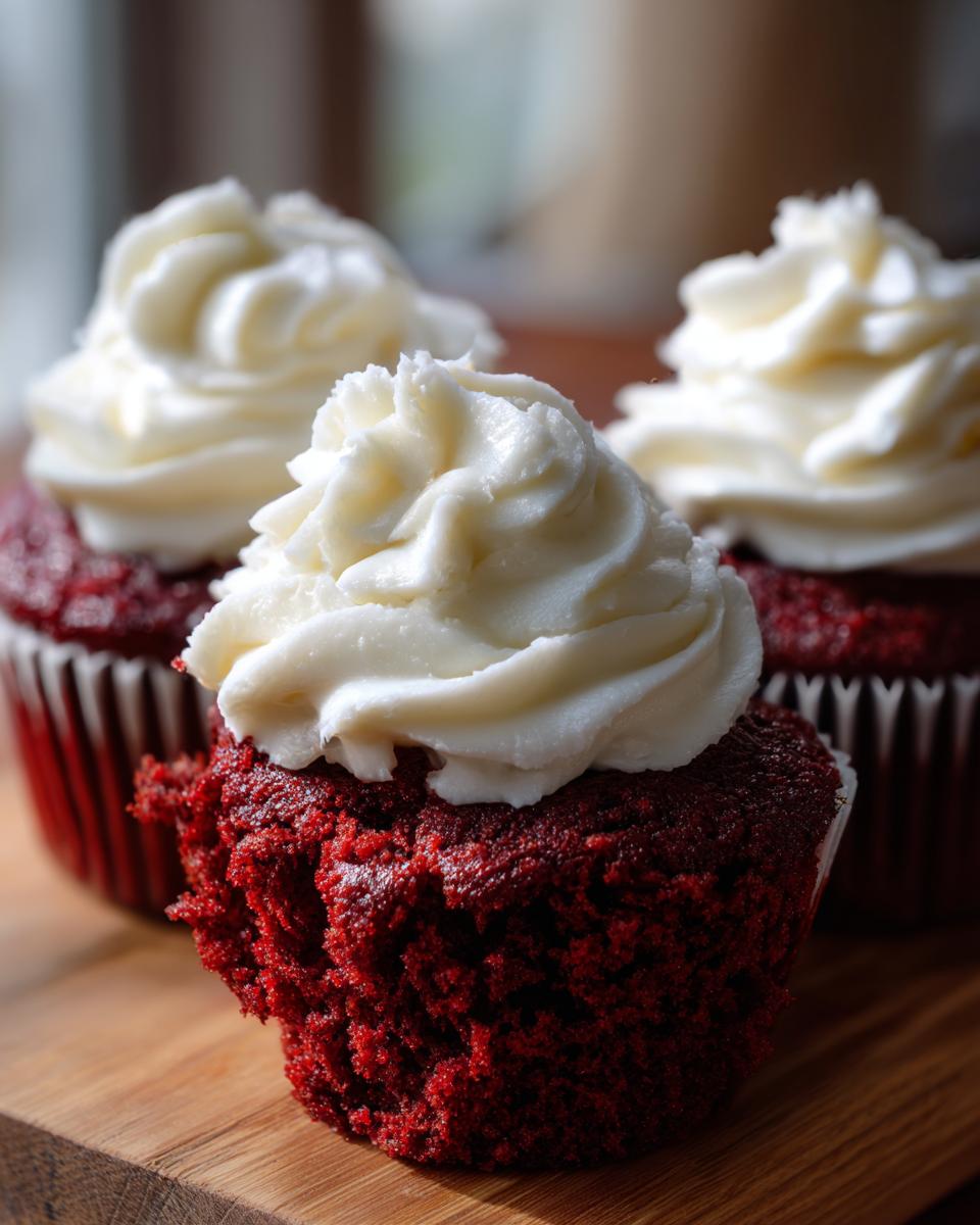 Close-up of a moist red velvet cupcakes with a swirl of white cream cheese frosting, sitting on a wooden board.