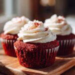 Close-up of three moist red velvet cupcakes topped with white cream cheese frosting and red sprinkles.