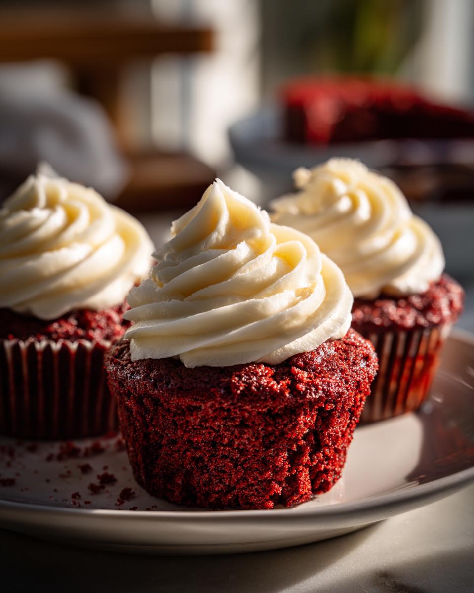 Close-up of two moist red velvet cupcakes topped with swirls of white cream cheese frosting on a plate.