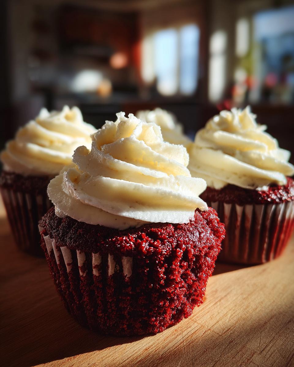Close-up of moist red velvet cupcakes topped with swirls of white cream cheese frosting, sitting on a wooden surface.