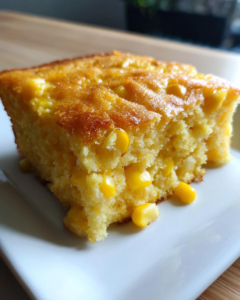 Close-up of a moist, golden slice of cornbread casserole studded with bright yellow whole corn kernels.