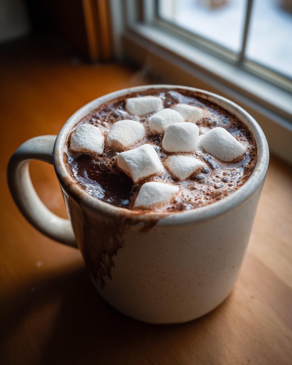 Close-up of a steaming mug filled with rich hot chocolate topped with fluffy marshmallows, perfect for a crockpot hot chocolate recipe.
