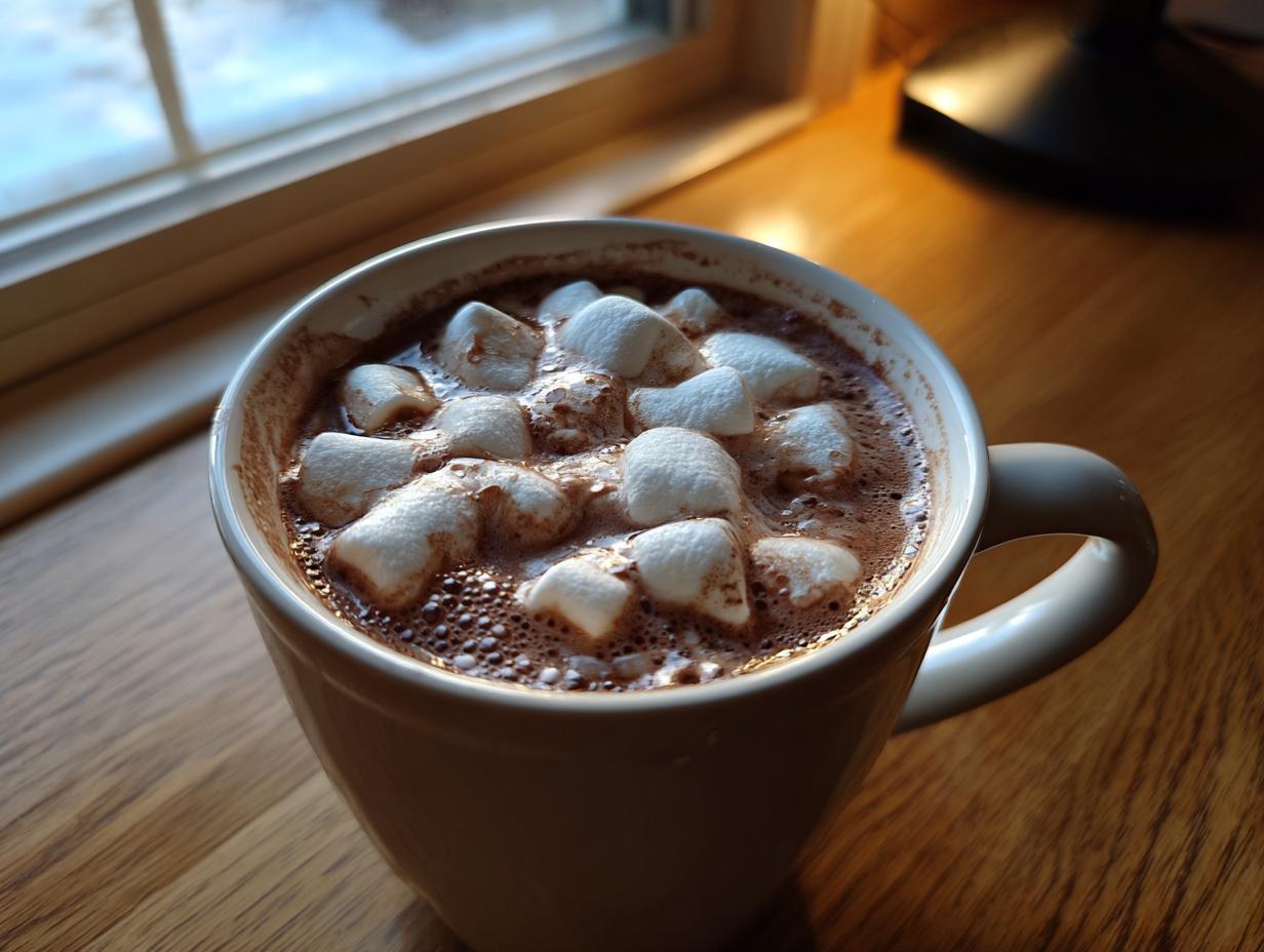 Close-up of a white mug filled with rich hot chocolate topped with melting marshmallows, perfect for a crockpot hot chocolate recipe.