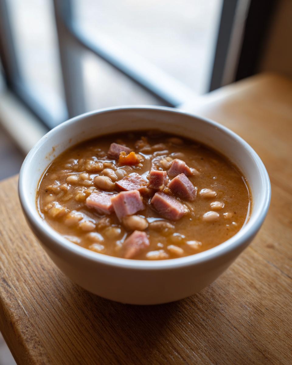 A close-up of a white bowl filled with thick navy bean soup topped with diced ham.
