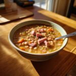 A close-up of a bowl of thick navy bean soup topped with diced ham and herbs, sitting on a sunlit wooden table.