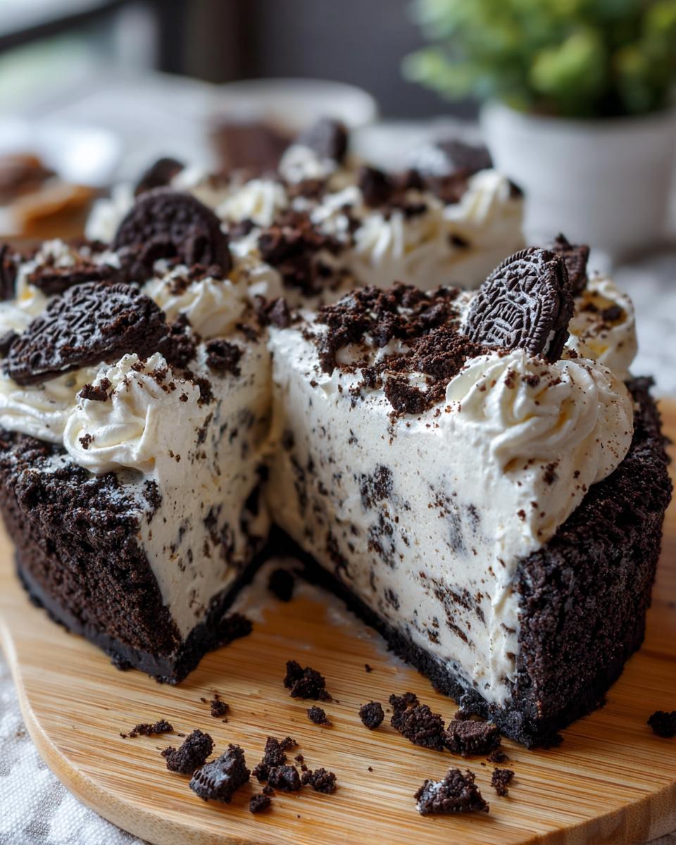 A slice removed from a decadent no-bake ice cream pie featuring a dark chocolate crust and cookies and cream filling, topped with whipped cream.