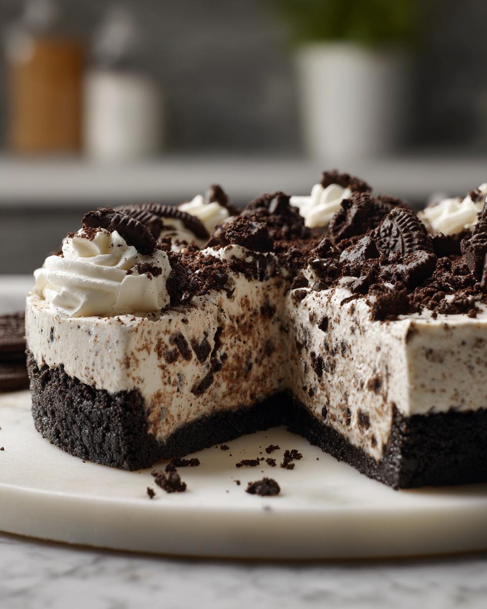 A rich, no-bake ice cream pie with a dark cookie crust, creamy filling studded with cookie pieces, and topped with whipped cream.