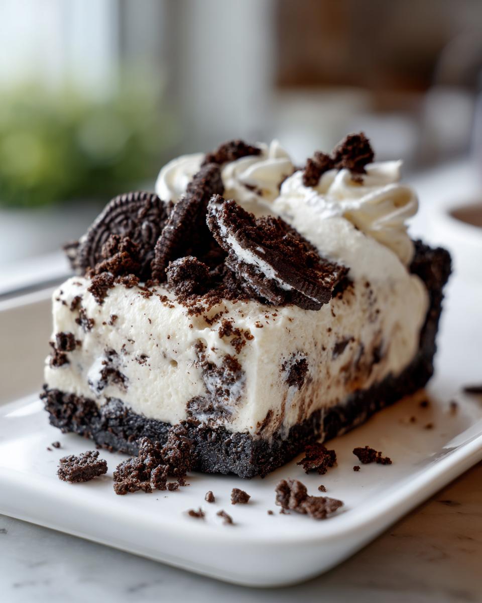 A decadent slice of no-bake ice cream pie with an Oreo crust, filled with vanilla ice cream and crushed cookies, topped with whipped cream.