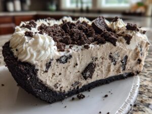 Close-up of a slice of no-bake ice cream pie showing the thick Oreo crust, creamy filling with cookie chunks, and whipped topping.