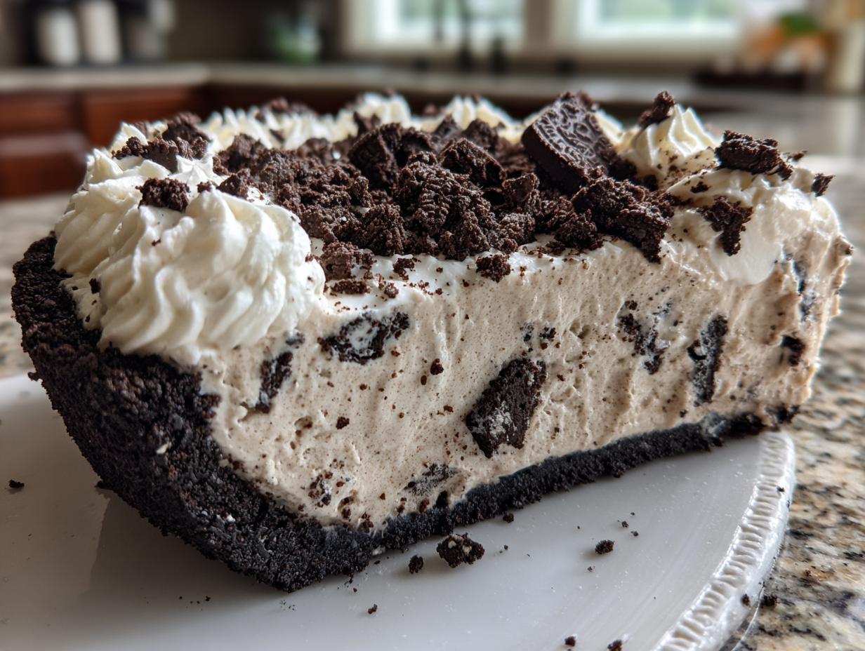 Close-up of a slice of no-bake ice cream pie showing the thick Oreo crust, creamy filling with cookie chunks, and whipped topping.